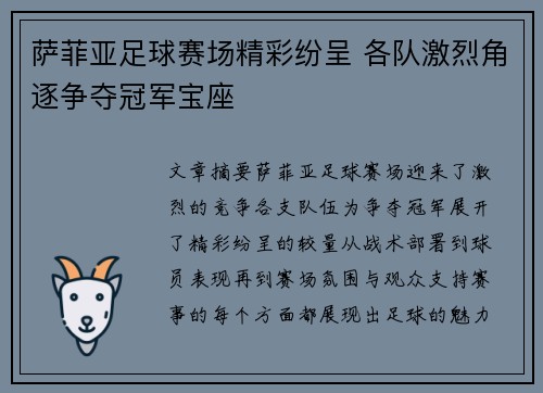 萨菲亚足球赛场精彩纷呈 各队激烈角逐争夺冠军宝座