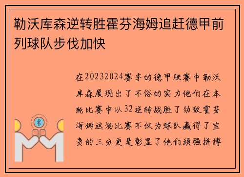 勒沃库森逆转胜霍芬海姆追赶德甲前列球队步伐加快